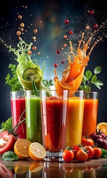 vegetables juices glasses and splashes with fruits in a different glasses